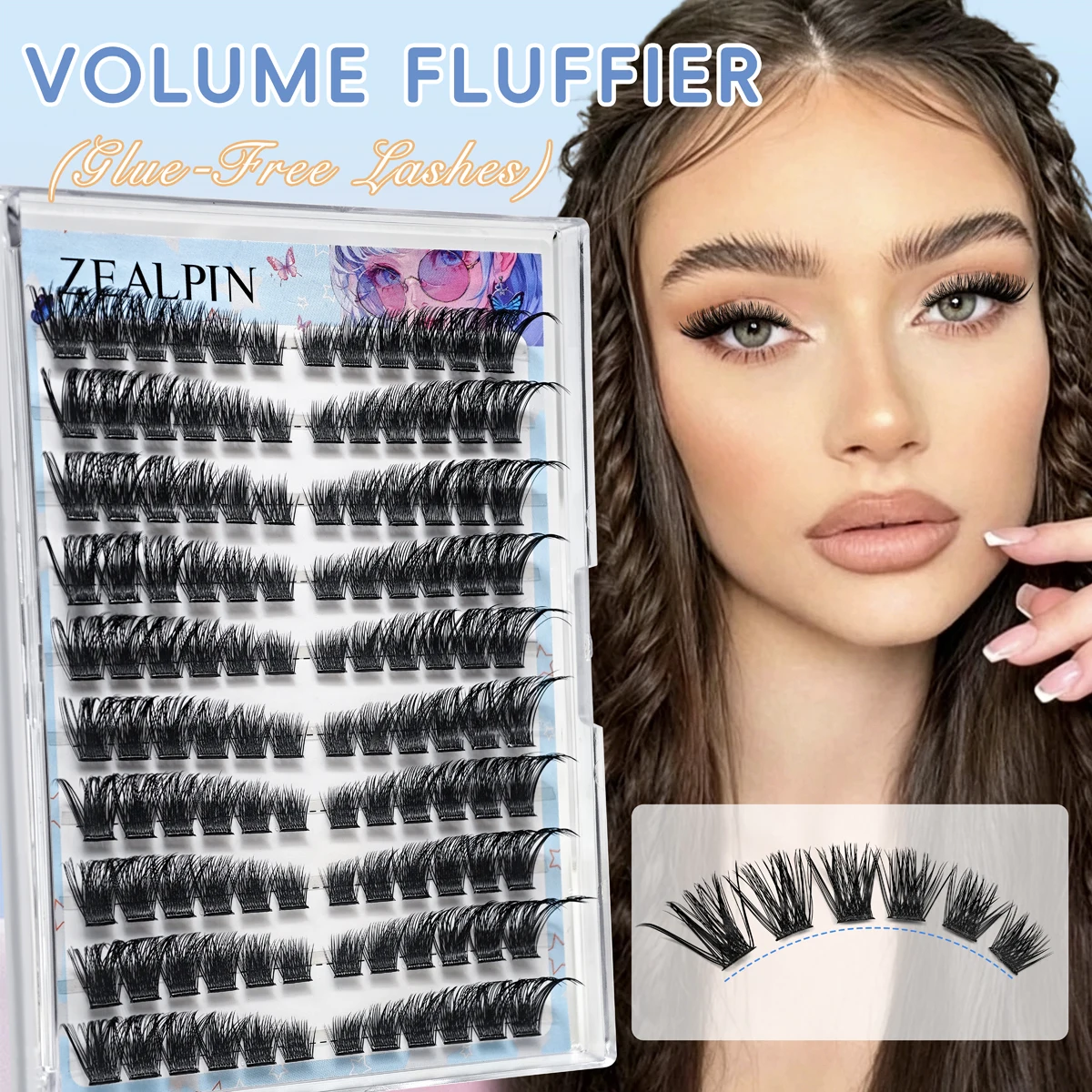 Lively Full Slender Lash Clusters, Lightweight Glue-Free Design, Shiny Voluminous Effect, Natural Manga Eye Look, Large 10-Row