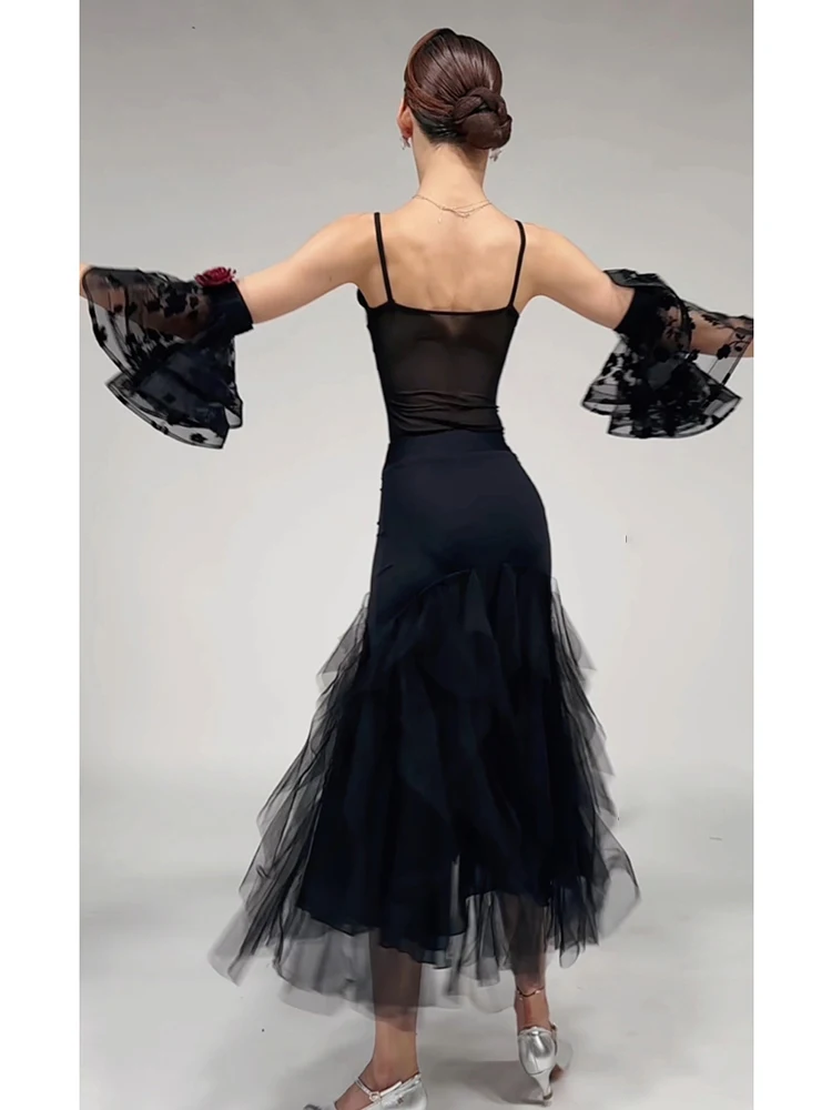 Sommer Ballroom Dance Kleid Schwarz Ärmellose Leistung Anzug Frauen Standard Modern Dance Outfit Walzer Praxis Kleid AMY2408