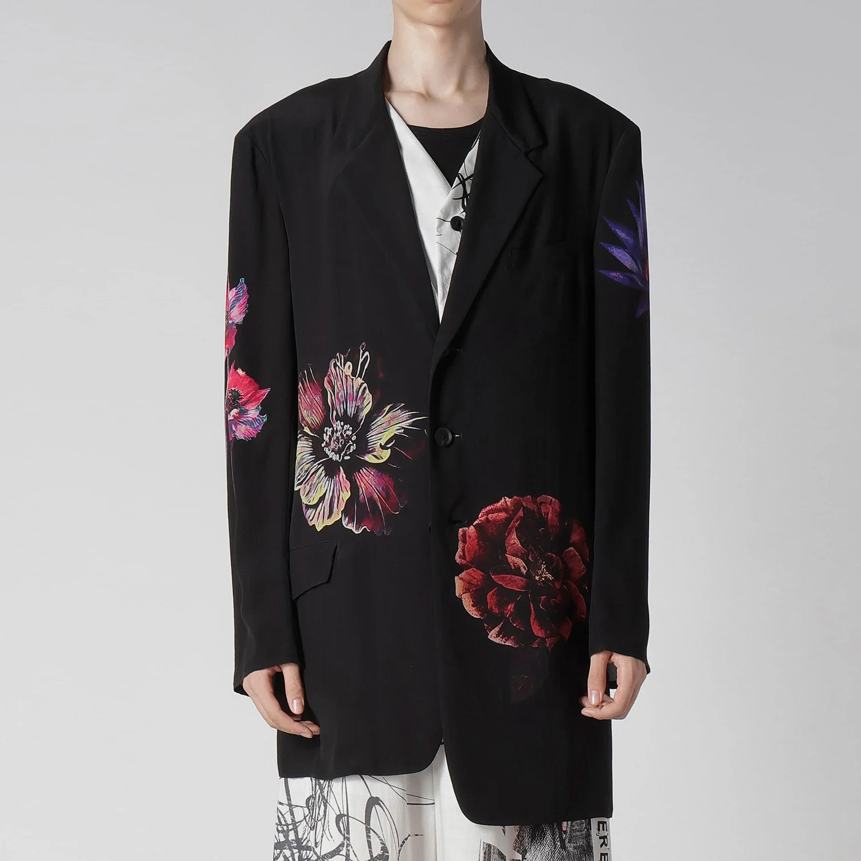 

YOJI OOAK Japanese design Silk ink-jet Print suit Jacket with floral pattern asymmetrical jacket top