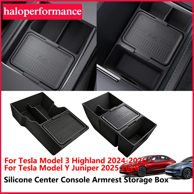

Center Console Armrest Storage Box for Tesla Model Y Juniper Model 3 Highland 2025 2026 Accessories Car Silicone Organizer Box