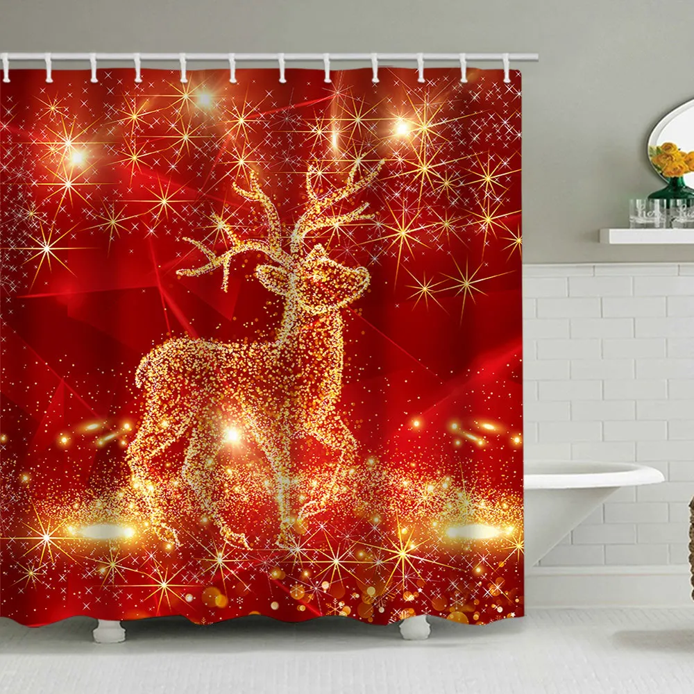 

1pc Red Golden Christmas Shower Curtain High-quality Durable Curtain 2025 New for Bathroom Ornament Xmas New Year Decoration