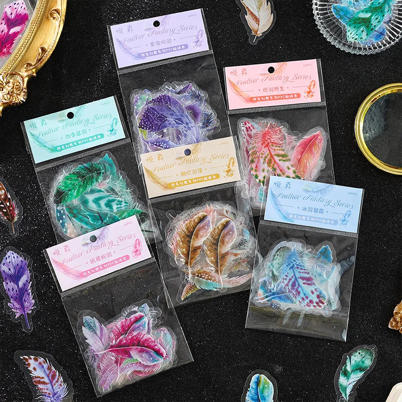 40pcs Waterproof PVC Feather Decorative Stickers for Collage Material Scrapbooking DIY Journaling