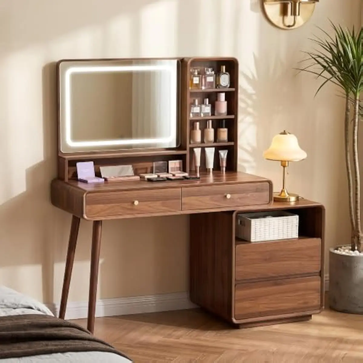 Walnut-Finished Modern Vanity Desk with Curved Silhouette, 4 Drawers Plus Open Shelving, Adjustable Side Cabinet, USB Type-C AC