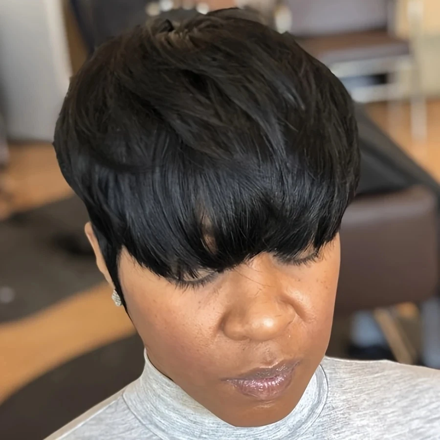 짧은 인모 가발 여성용 픽시 컷 가발 머리 기계 제작 가발