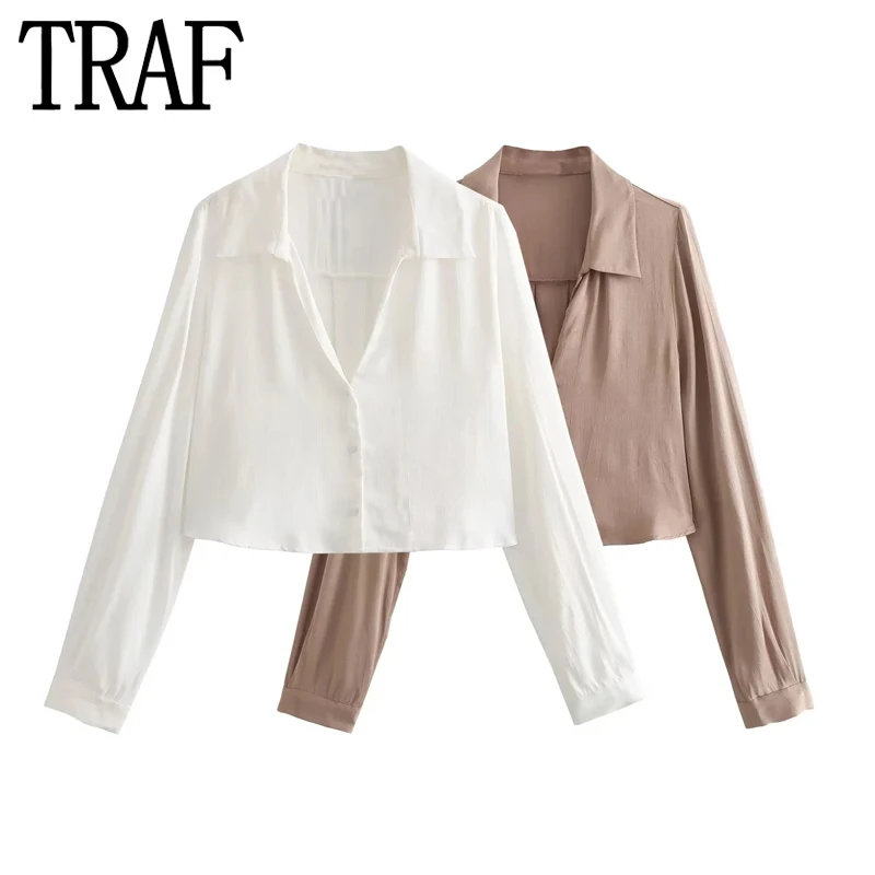 TRAF White Cropped Shirt Women Satin Long Sleeve Blouse Women Elegant Summer Blouses Woman 2023 Collared Button Up Short Shirt