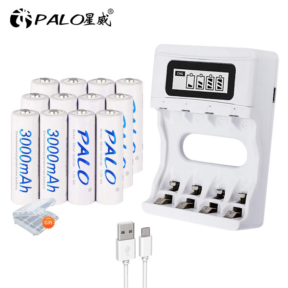 PALO 3000mAh Ni-MH AA Battery Low Self-discharge 1.2V AA Rechargeable Batteries Pre-charged Battery+1.2V AAA AA Battery Charger