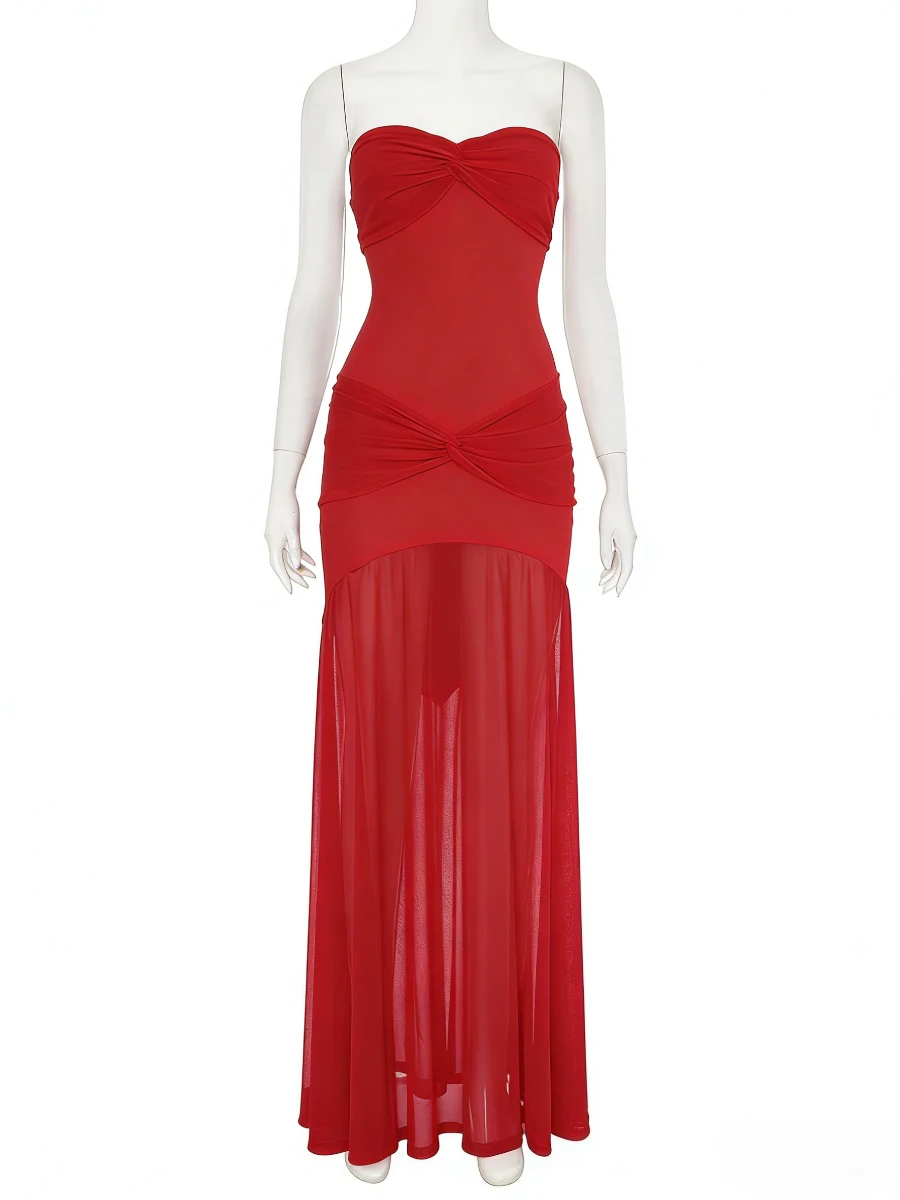 TWOTWINSTYLE Seksowna sukienka z ozdobnymi wstawkami i skrętem dla kobiet, bez ramiączek, wyszczuplająca, z przezroczystej siateczki, elegancka, długa sukienka na imprezę, nowość