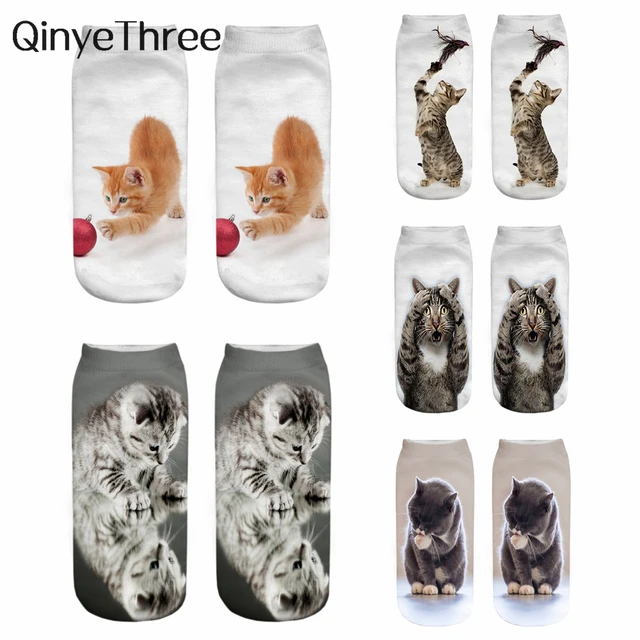Nowy gorący nadruk 3D Śmieszne urocze kotki z kreskówek Unisex Krótkie skarpetki Kreatywne kolorowe wiele kotów Szczęśliwe niskie skarpetki dla kobiet