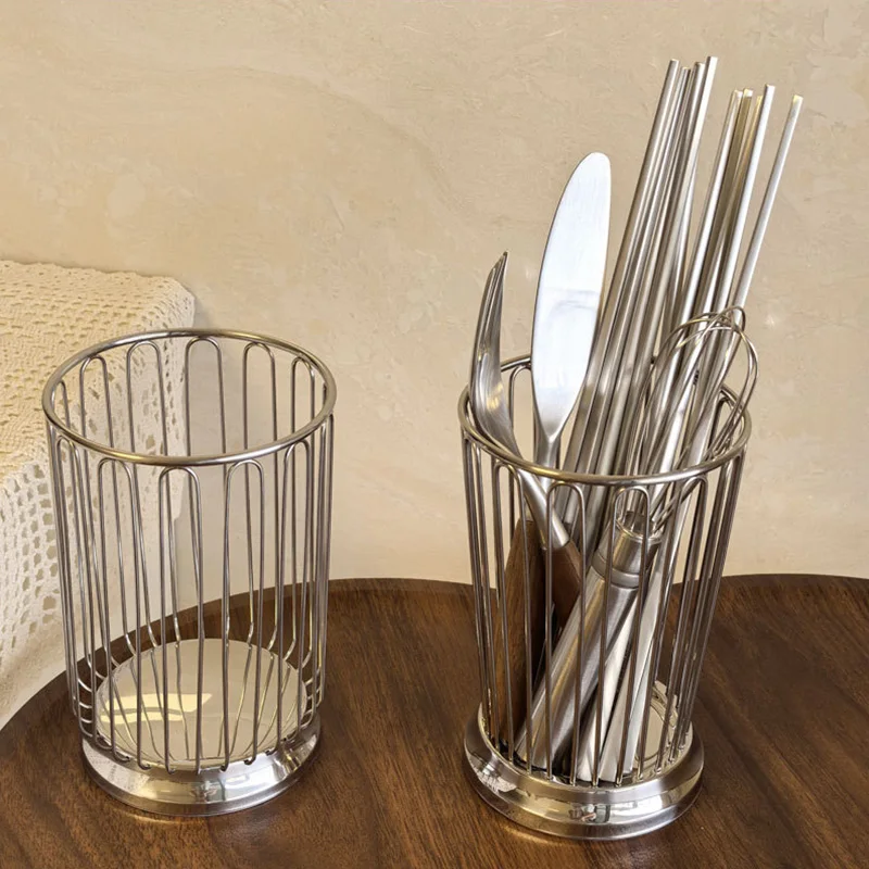 1pc Cutlery Drain Basket Stainless Steel Chopsticks Holder Fork Spoon Storage Basket Kitchen Desktop Hollowed-out Fruit Basket
