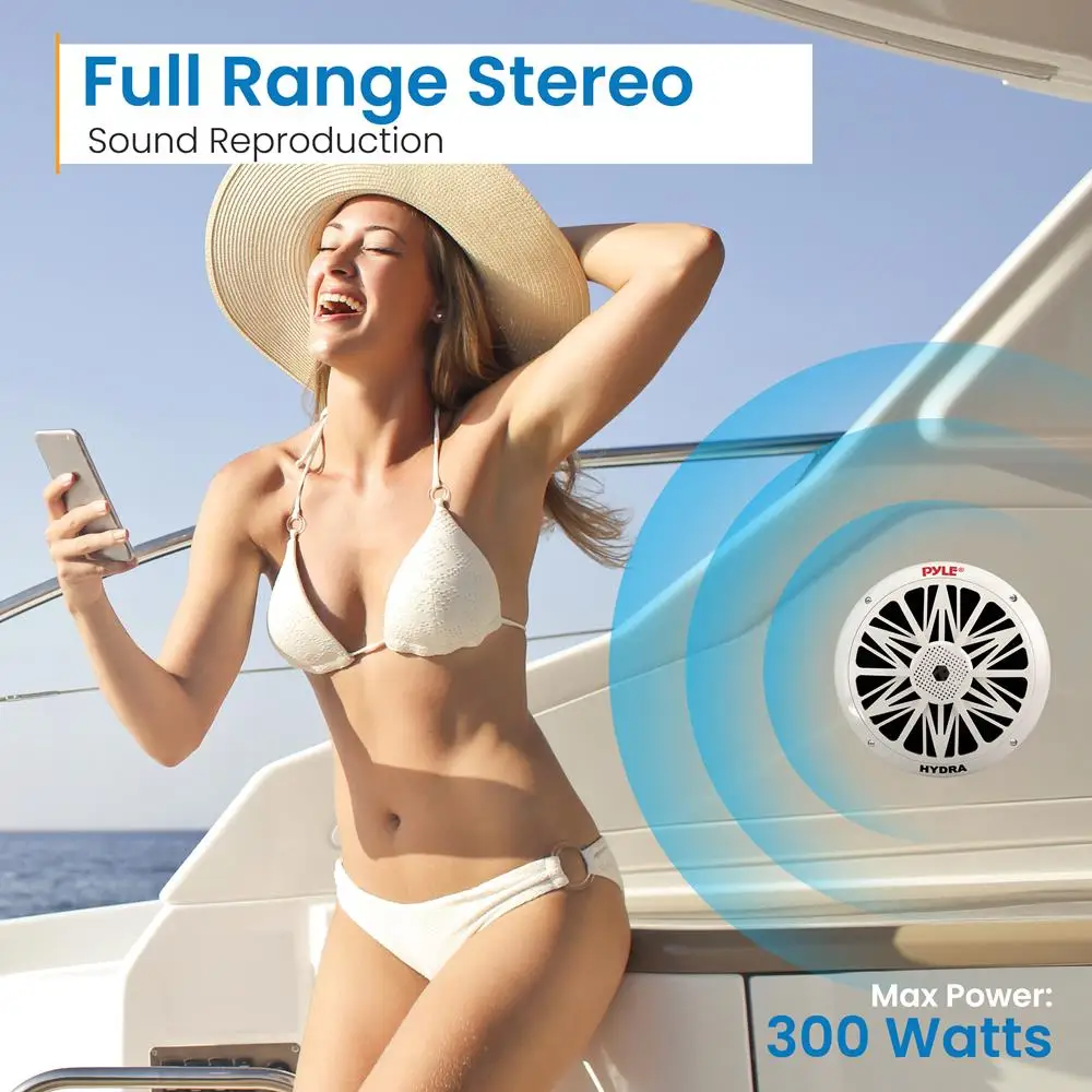 파일 마린 스피커, 방수, 내후성, 8인치 듀얼, 10인치 외부 프레임, 300와트 출력, 폴리카본 콘, 천