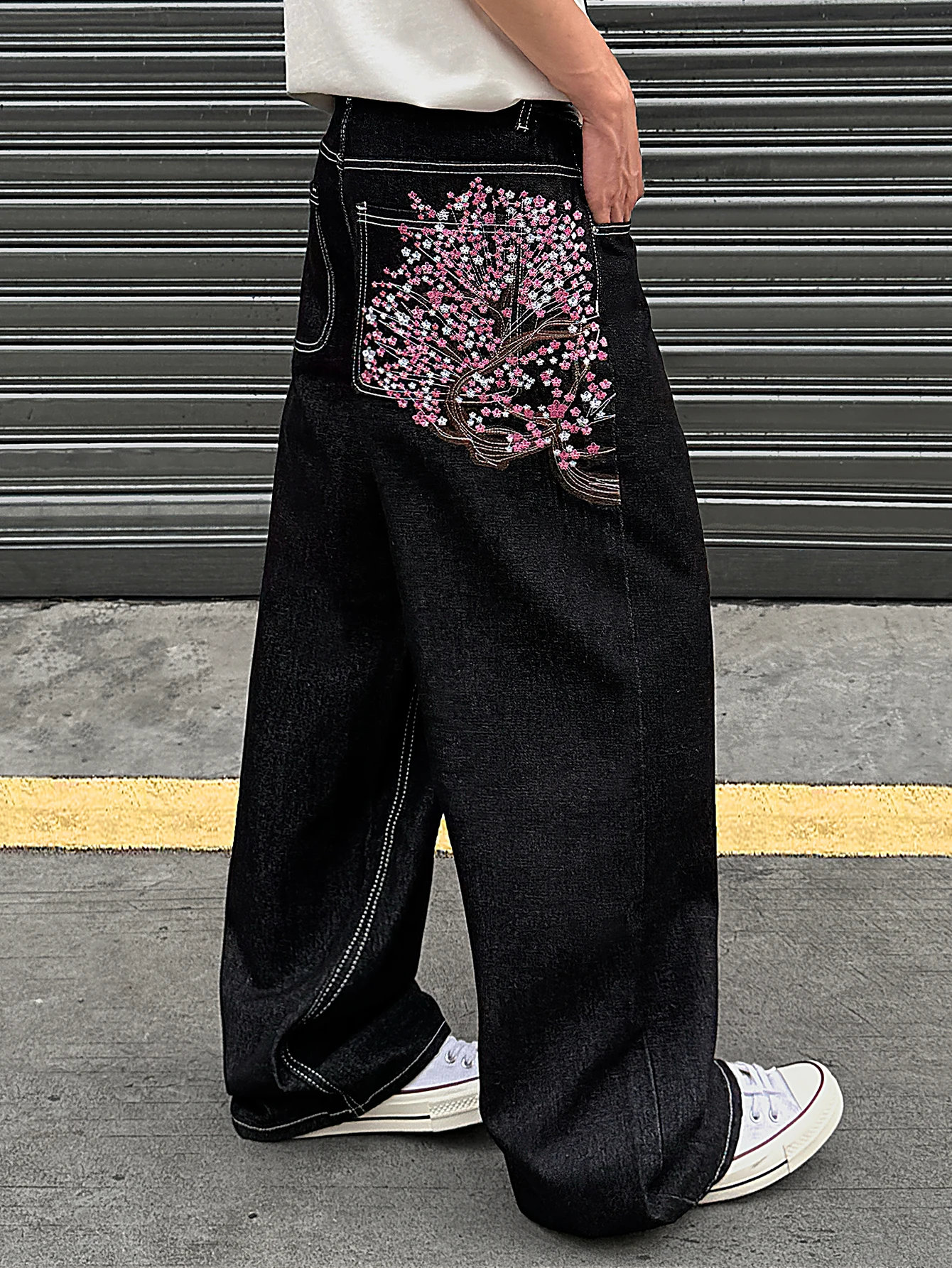 2025 moda baggy jeans flor de ameixa bordado y2k vintage calças de perna larga das mulheres dos homens denim tecido rua wear