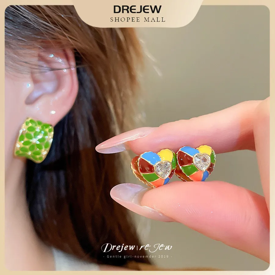 DREJEW Heart Huggie Hoop Earring Color Block Enamel Earring with Central Inlaid Stone Cute Statement Earring for Daily