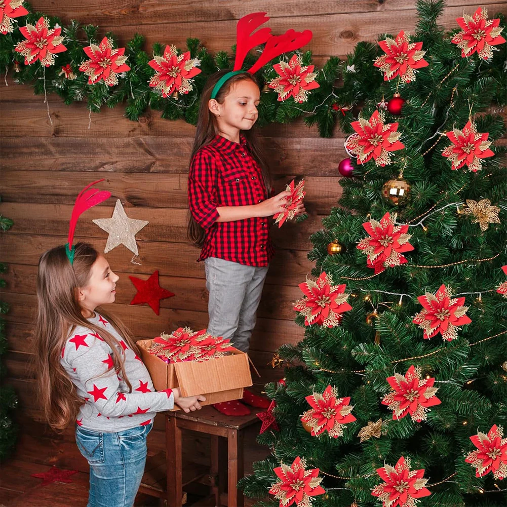 12/24/36Pcs Christmas Glitter Artificial Flowers Decorative Xmas Tree Poinsettia Flower Hanging Ornament for Stairs Window Decor