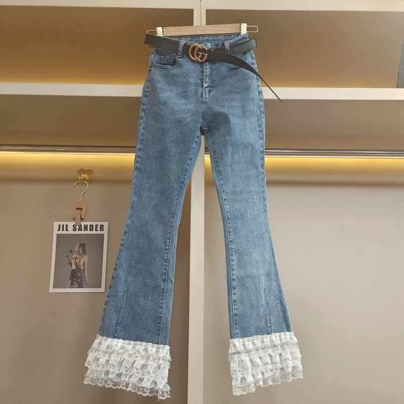 

New Chinese style lace denim micro flared pants women autumn high waisted slim fit elastic and age reducing flared pants