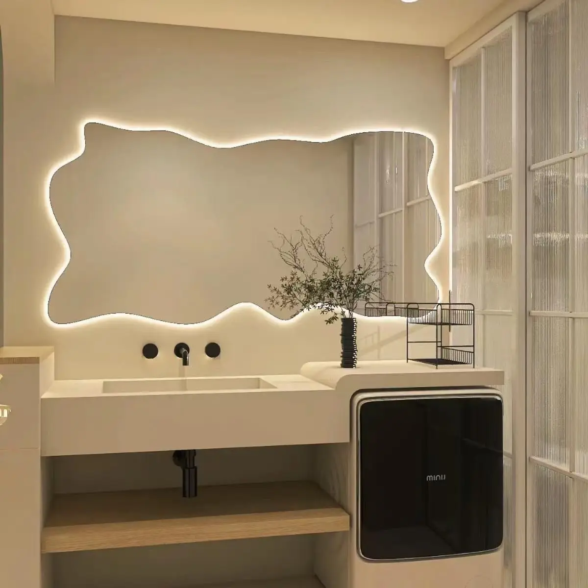 Irregular Smart Mirror, Minimalist LED Bathroom Mirror with Anti Fog and Time, Touch Sensor Vanity Mirror for Home
