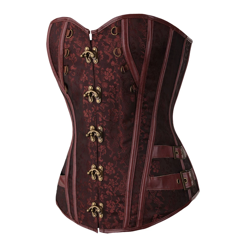 Locking Closure Steam Punk Style Women Waist Shapewear Overbust Corset Bustier With G String Black Brown