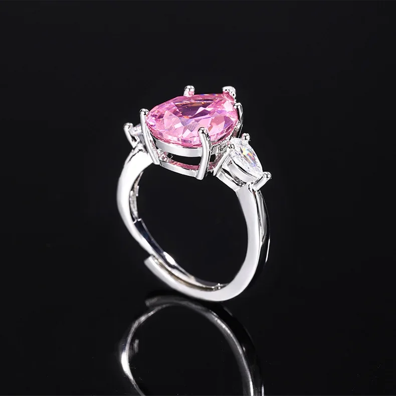 Light Luxury Simple Pink Water Drop Women's Ring Fashion S925 Silver Plated High Sense Banquet Jewelry Opening Design