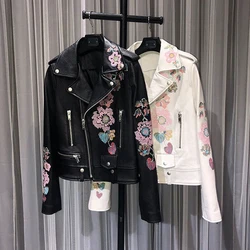 Fashion Embroidered Goatskin Biker Jackets for Women Casual Long Sleeve Diagonal Zipper Female Real Leather Short Jacket Coats