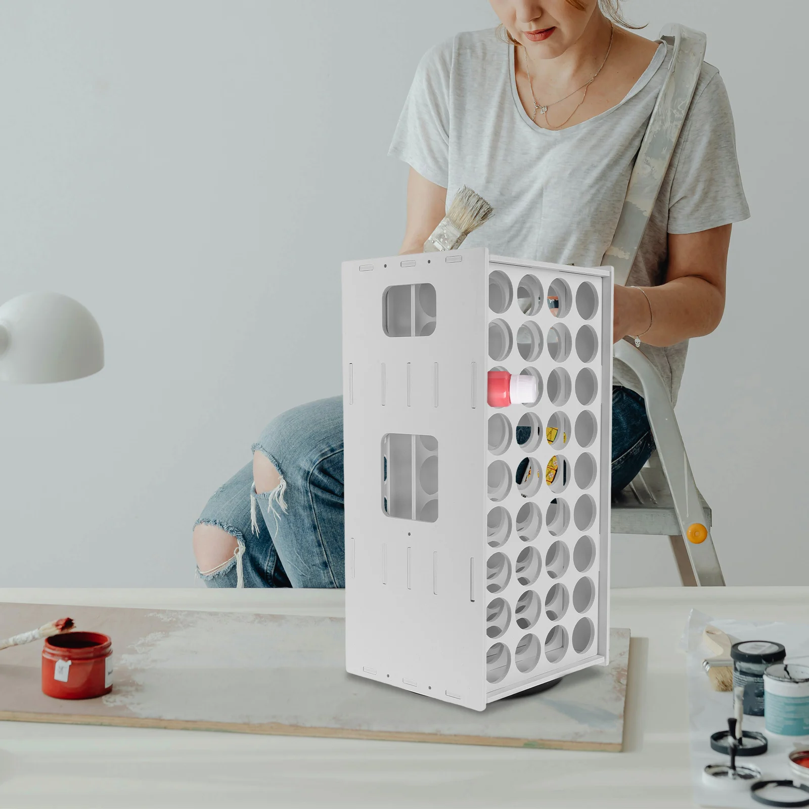 

72 Holes Storage Rack Wooden Pigment Organizer Vertical Desk Ink Bottle Holder Multifunctional Storage Rack Calligraphy Tool