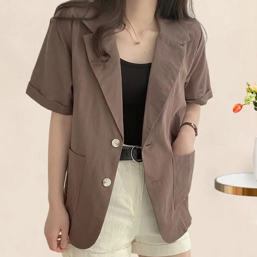 2024 Frauen elegante Baumwoll jacken Anzüge lose Vintage Arbeits mäntel Freizeit kleidung Sommer Revers Hals Langarm solide ol Blazer