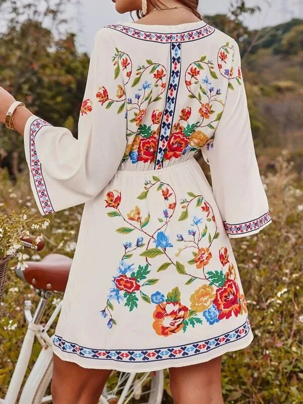 Vestido corto de vacaciones adelgazante, estilo étnico Retro bohemio, estampado pesado, temperamento, cintura ceñida