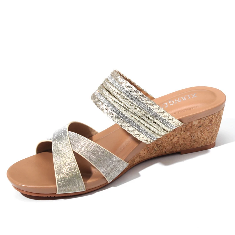 

Bohemian vacation sandals for women, versatile fairy-style wood-grain wedge thick-soled woven Roman shoes