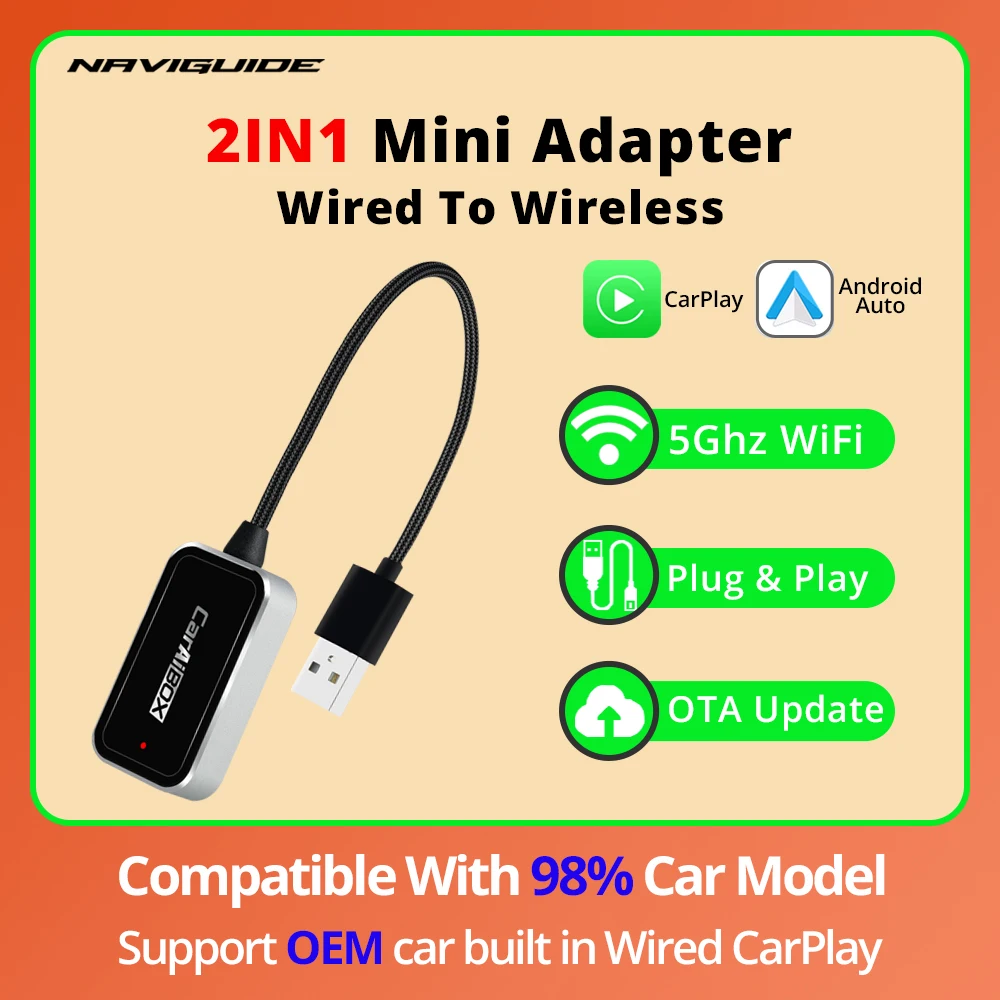 

NAVIGUIDE EC09 2IN1 Mini Wireless CarPlay Wireless Android Auto Adapter For Toyota Mazda Nissan Suzuki Audi USB Plug And Play