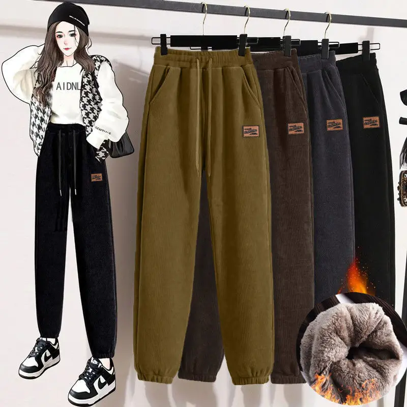 

Winter Lambwool Lined Sweatpants Women Casual Thicken Warm Pants Plush Velvet Elastic High Waist Women Jogger Baggy Pantalones