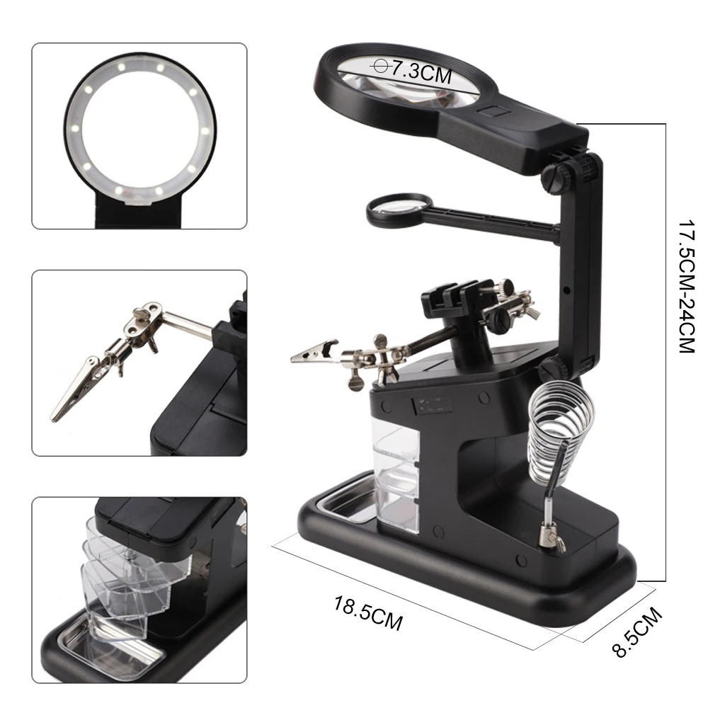 3/4.5/25X Magnifying Soldering Irons Stand 3 Hand Helping  Clip LED Light With 3 Boxes Glass Lens Desk Station Repair Tools