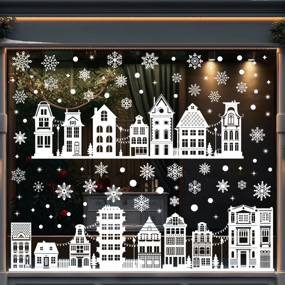 Weihnachts-Fensteraufkleber, weiße Stadt-Silhouette, Winter, Weihnachten, Fenster, Glas, Tür, dekorative Aufkleber für Weihnachtsdekoration