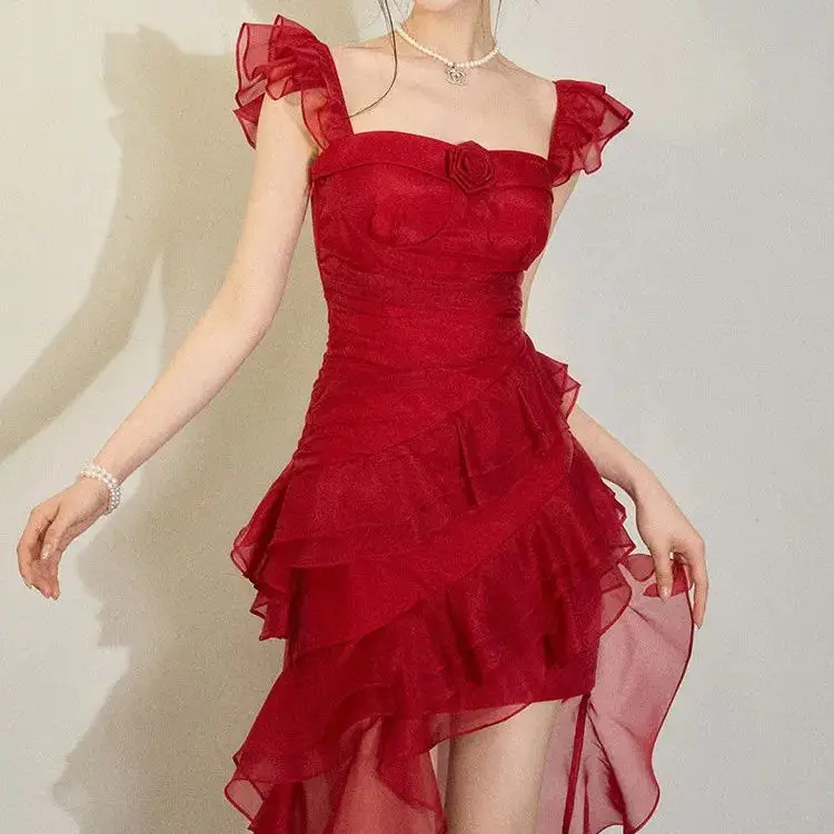 

French Rose Ruffled Skirt With Irregular Suspenders Long Tailed Dress Women Clothing Casual Slim Midi Dress Even Party Elegant