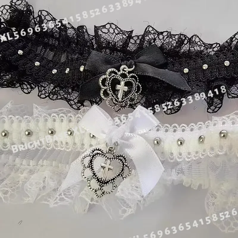 Gothic Black Lace Choker with Bow Cross Heart Pendant Vintage Y2K Elastic Necklace for Girls Punk Lolita Cosplay Collar