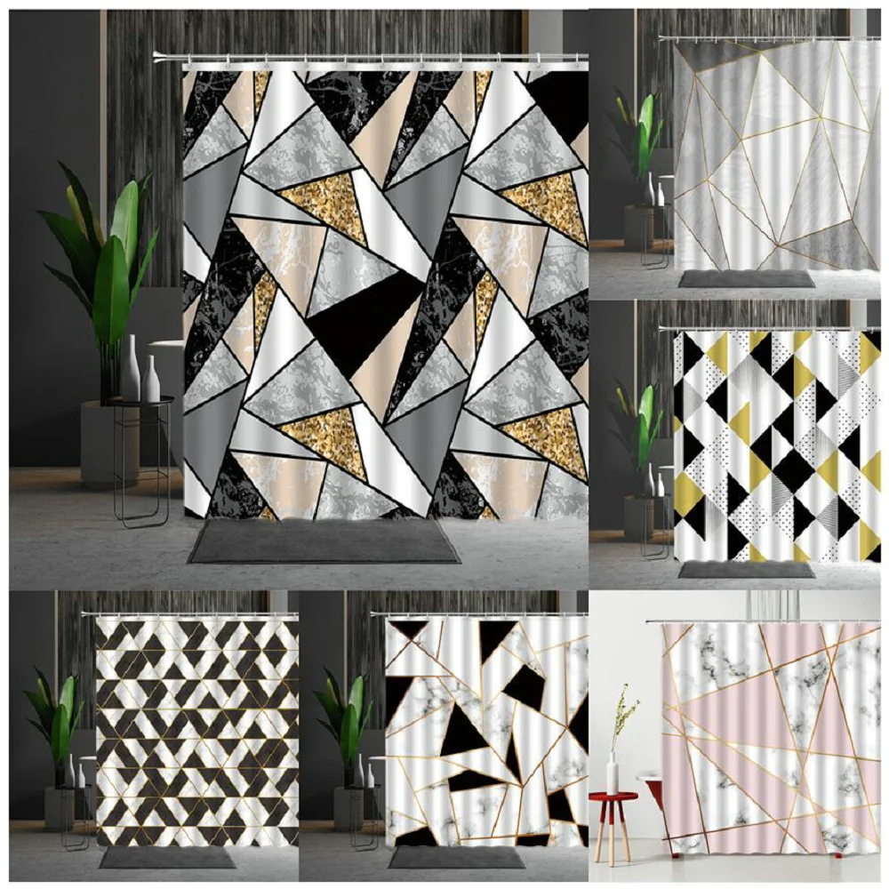 New Geometric Marble Shower Curtain Home Decoration Fashion Toilet Curtain Mold Proof and Waterproof Bathroom Curtain with Hook