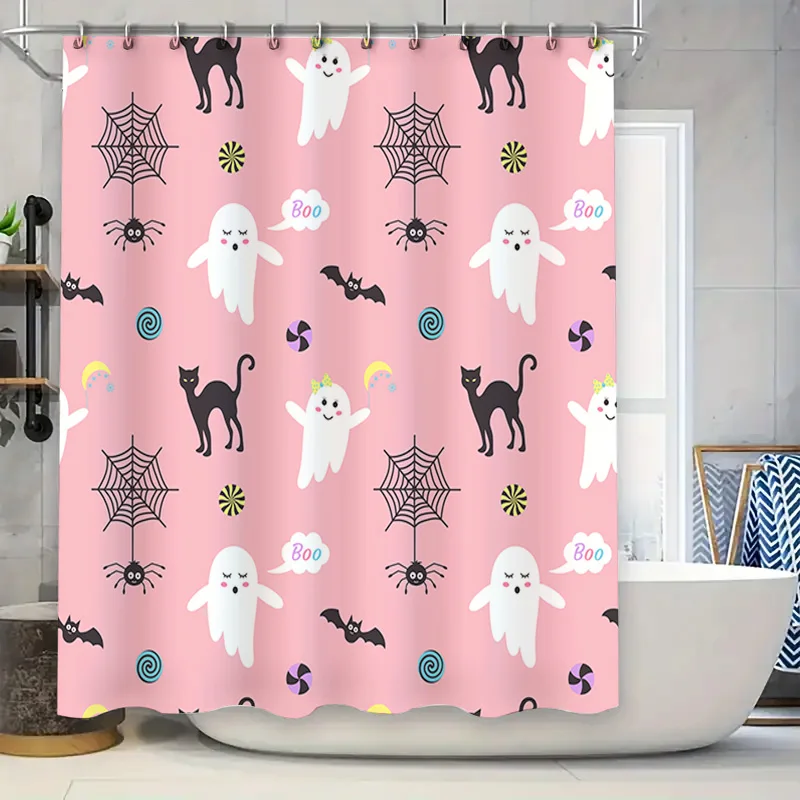 Haunted House Shower Curtain Halloween Decor Pink Ghosts Spiders Black Cats Pattern Home Decoration for Bathrooms 72x72 inches S