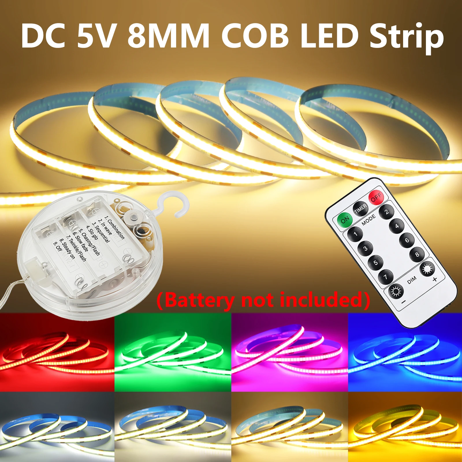 3AA Battery Operated COB LED Strip 5V 8MM 320LEDs 8 Modes 13‑Key Remote Control Home Bedroom DIY Decoration Lights 9 Colors