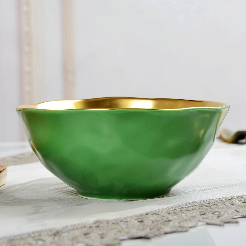 European style gilded ceramic green glazed food bowl, colored glazed fruit salad bowl, European style breakfast bowl, 6-inch bow