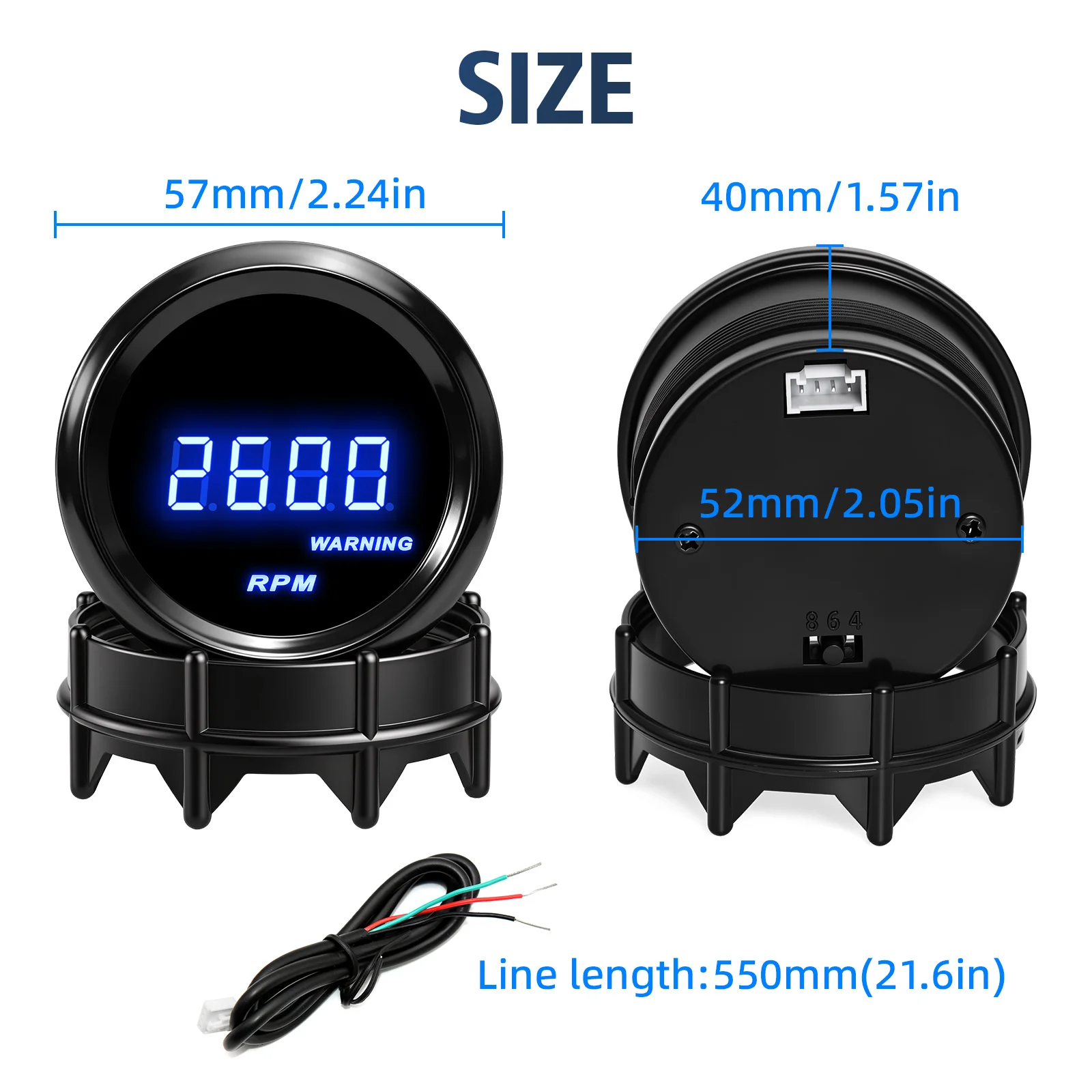 0-9999RPM 52MM Tachometer for Universal Car RPM Meter Gauge Petrol Engine Digital LED Display Smoke Lens Blue Light 12V DC view 4