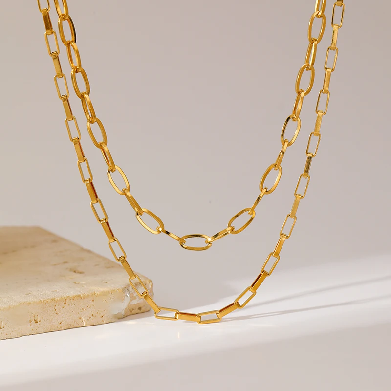EILIECK 316L Edelstahl Goldfarben Doppelschichtige Gliederkette Halskette für Damen Neue Mode Halskette Schmuck Urlaubsgeschenke