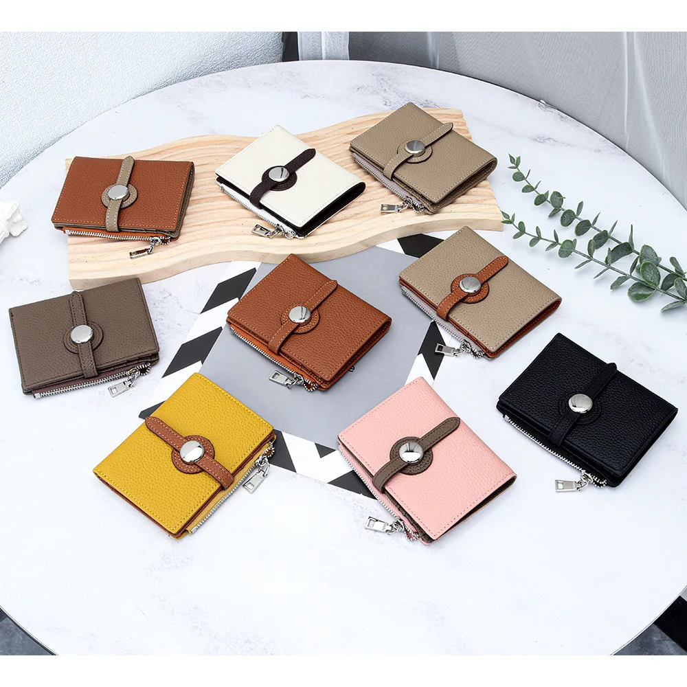 Fashion Brand Color Block Women's Genuine Leather Short Wallet, Luxury Bi-Fold Multi-Card Slots Large Capacity Zipper Coin Purse
