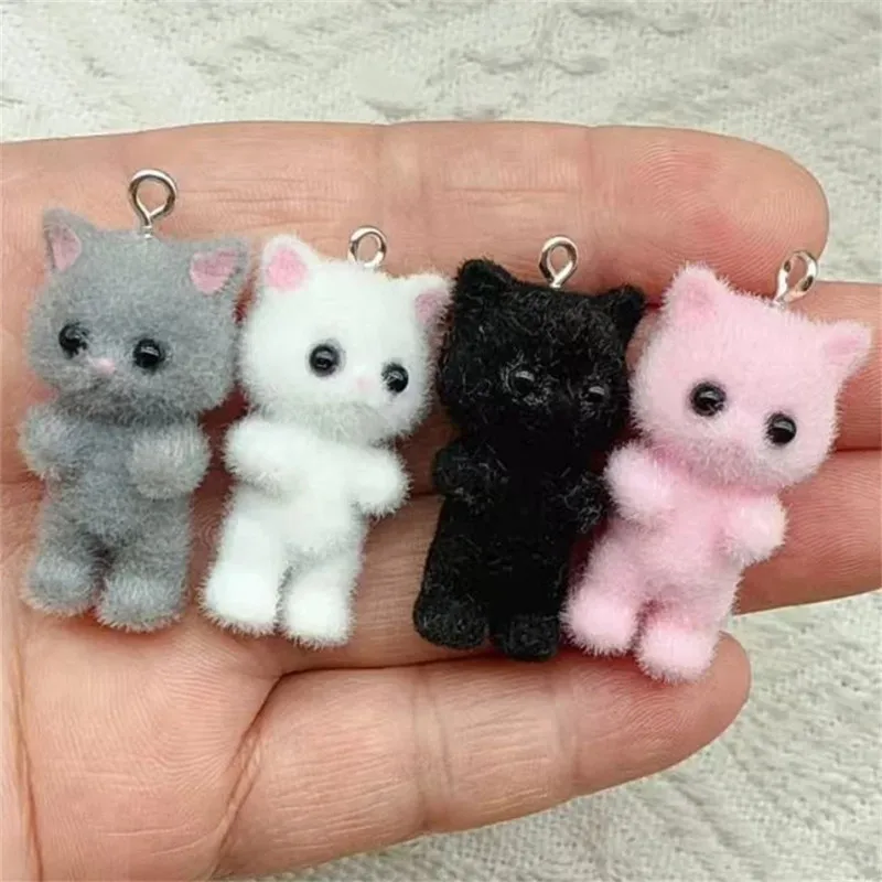 Kawaii 3D Fluffy Flocking Resin Cat Animal Charms Pendant Colorful Keychain Necklace Pendant DIY Crafts Jewelry Making