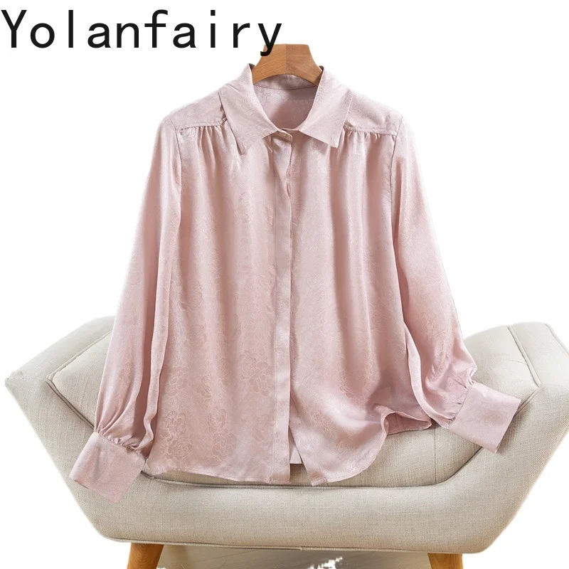 

YOLANFAIRY New 100% Natural Mulberry Silk Shirt Woman Jacquard Long Sleeve Tops Breathable Shirts Damen Elegant Women Pink Shirt