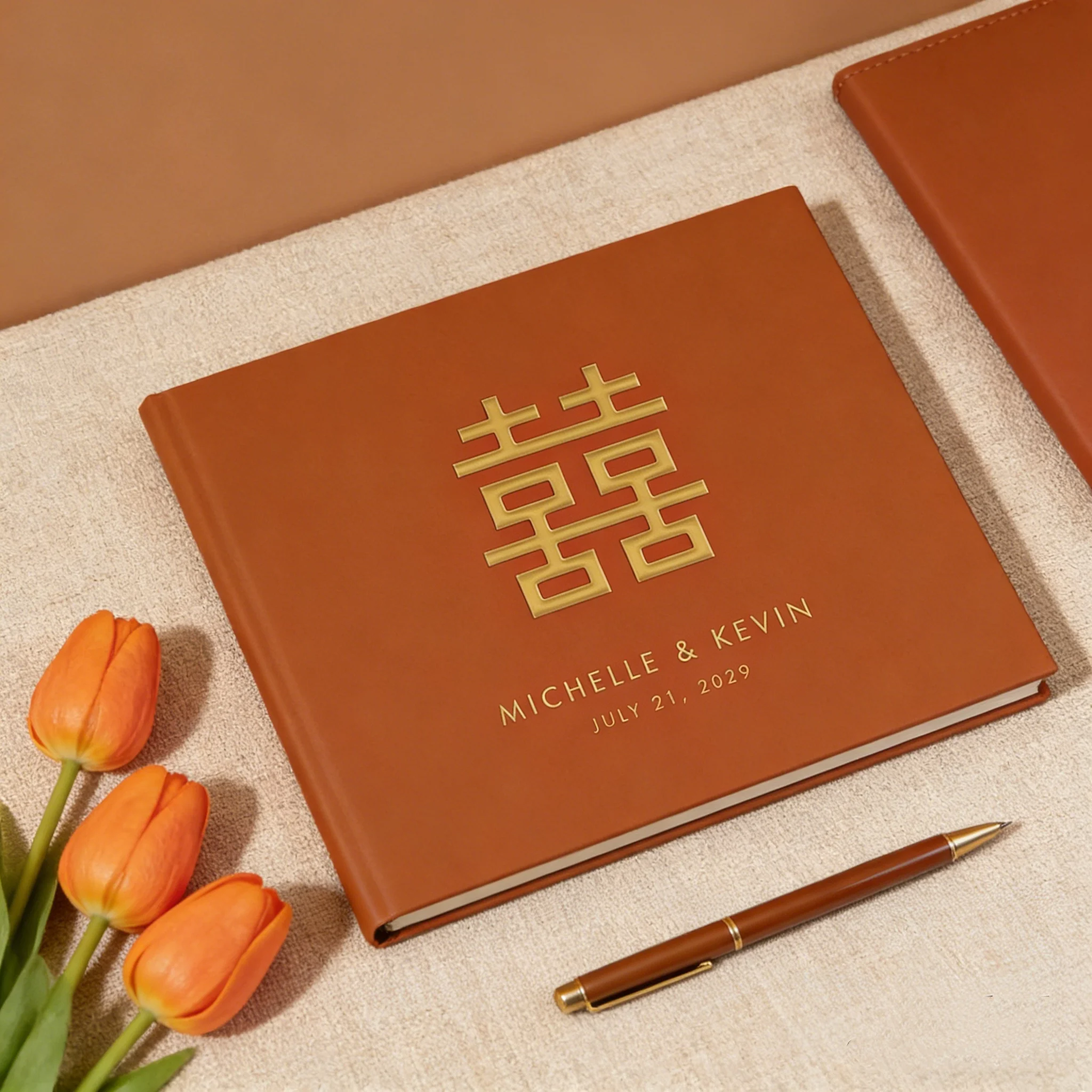 

Personalized Chinese Wedding Guest Book | Double Happiness Symbol Red Gold Foil Hardcover | 50 Sheets Sign In Book for Tradition
