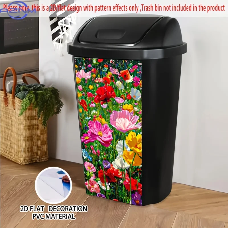 Colorful Flower Field Self-Adhesive Dustbin Stickers, PVC Trash Can Decorative Sticker for Wheelie Bin, 37.01×81.99 cm - Perfe