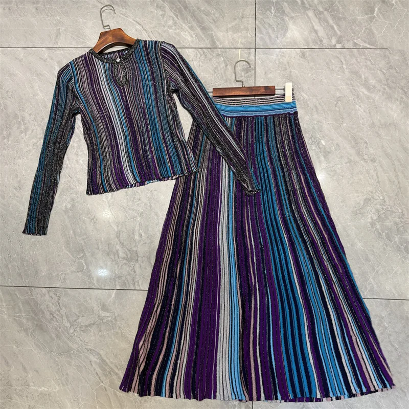 

Women's two pieces set New elastic knitted round neck pullover for summer 2025 Metal yarn blended long skirt set Women's suit