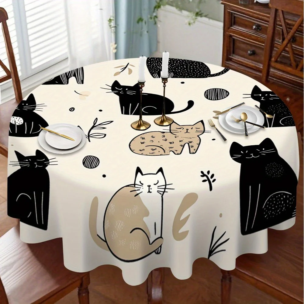A round tablecloth with cat doodle patterns, adding fun to the cozy dining time.zyc
