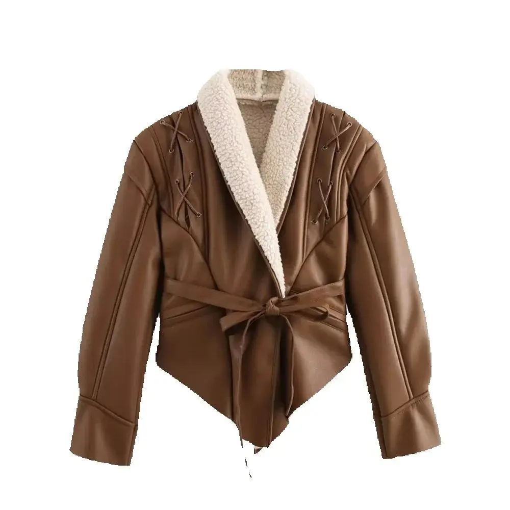 

Women's Fur Integrated Top with Collar Long Sleeve Button Pocket Strap Irregular Belt Autumn/Winter New Warm Coat