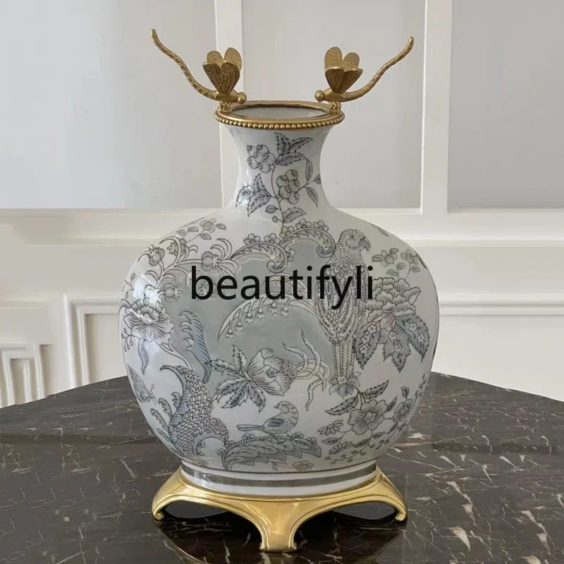 European court style ceramic inlaid copper soft dragonfly painted vase creative oval luxury handicraft ornament