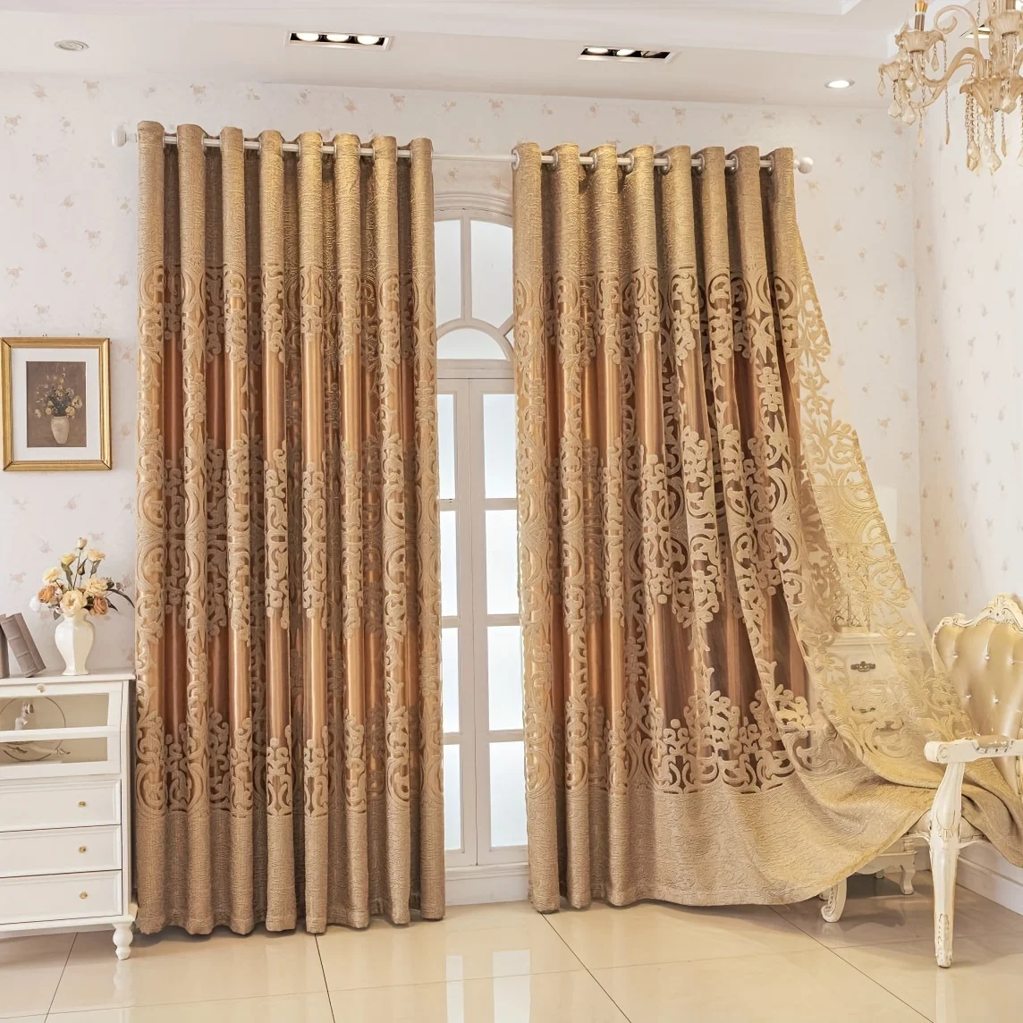 1pc Full Light Blocking Curtains, Double Layer Bedroom Insulation Sun Protection, Living Room Embroidered Floral Curtain