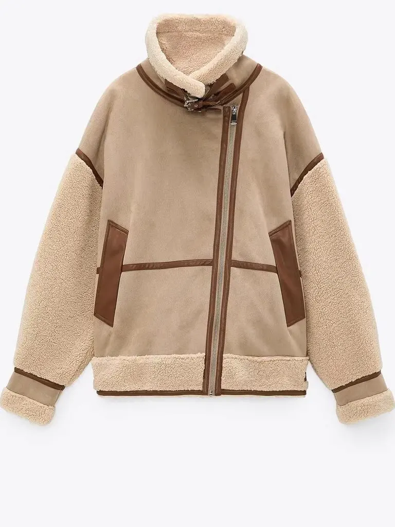 Automne hiver femmes motard Sle ample fourrure et cuir Jaet eepskin Patchwork manteau Polyester Long Sve fermeture à glissière