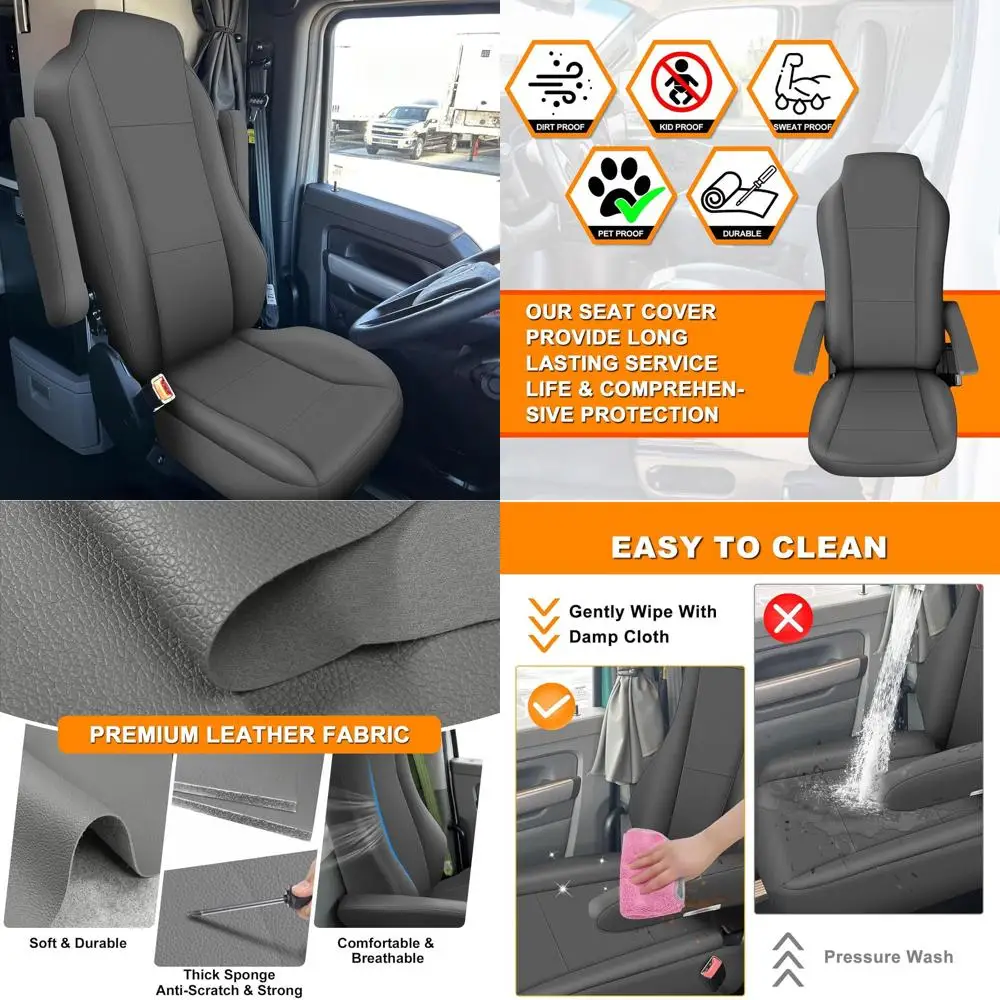 غطاء مقعد جلدي متوافق مع موديل Kenworth T680، T880، W990، مع أغطية مسند الذراع مقاس 17 بوصة، ظهر مرتفع للسائق أو الركاب